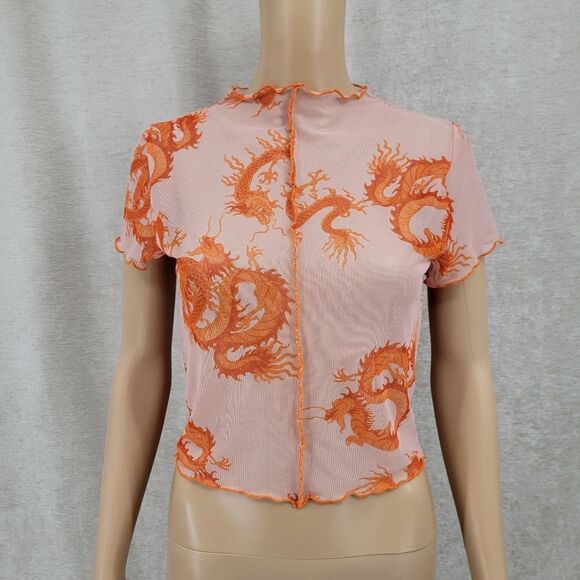 Just Polly Orange Sheer Mesh Dragon Crop Top Tee - Picture 1 of 8